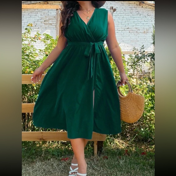 Plus Solid Wrap Midi Dress